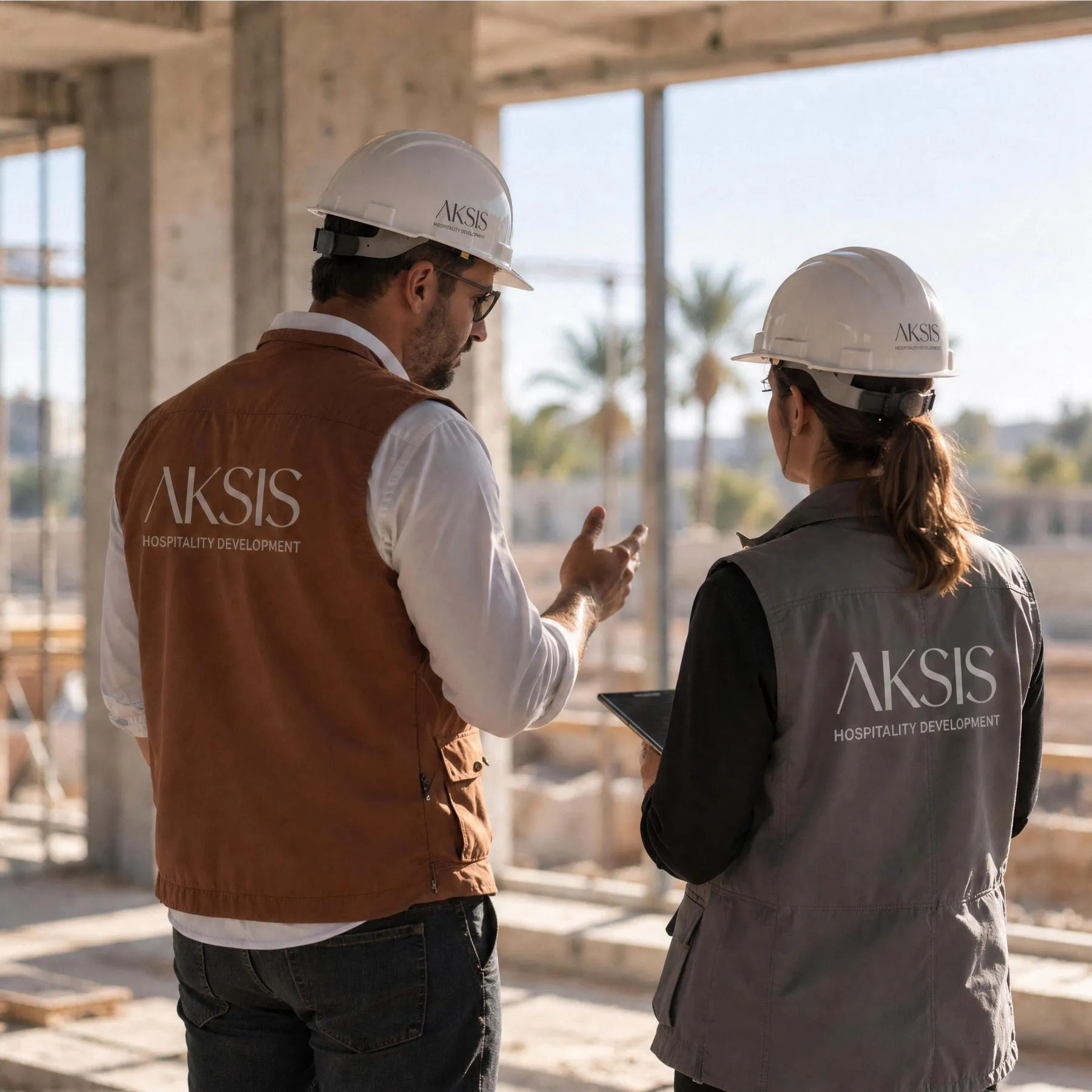 Deux membres de l’équipe Aksis en visite de chantier, tablette en main