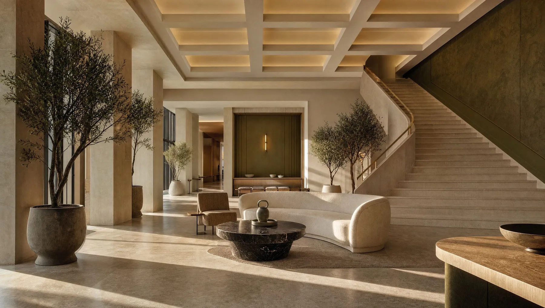 Lobby d’hôtel contemporain et son escalier, visualisation