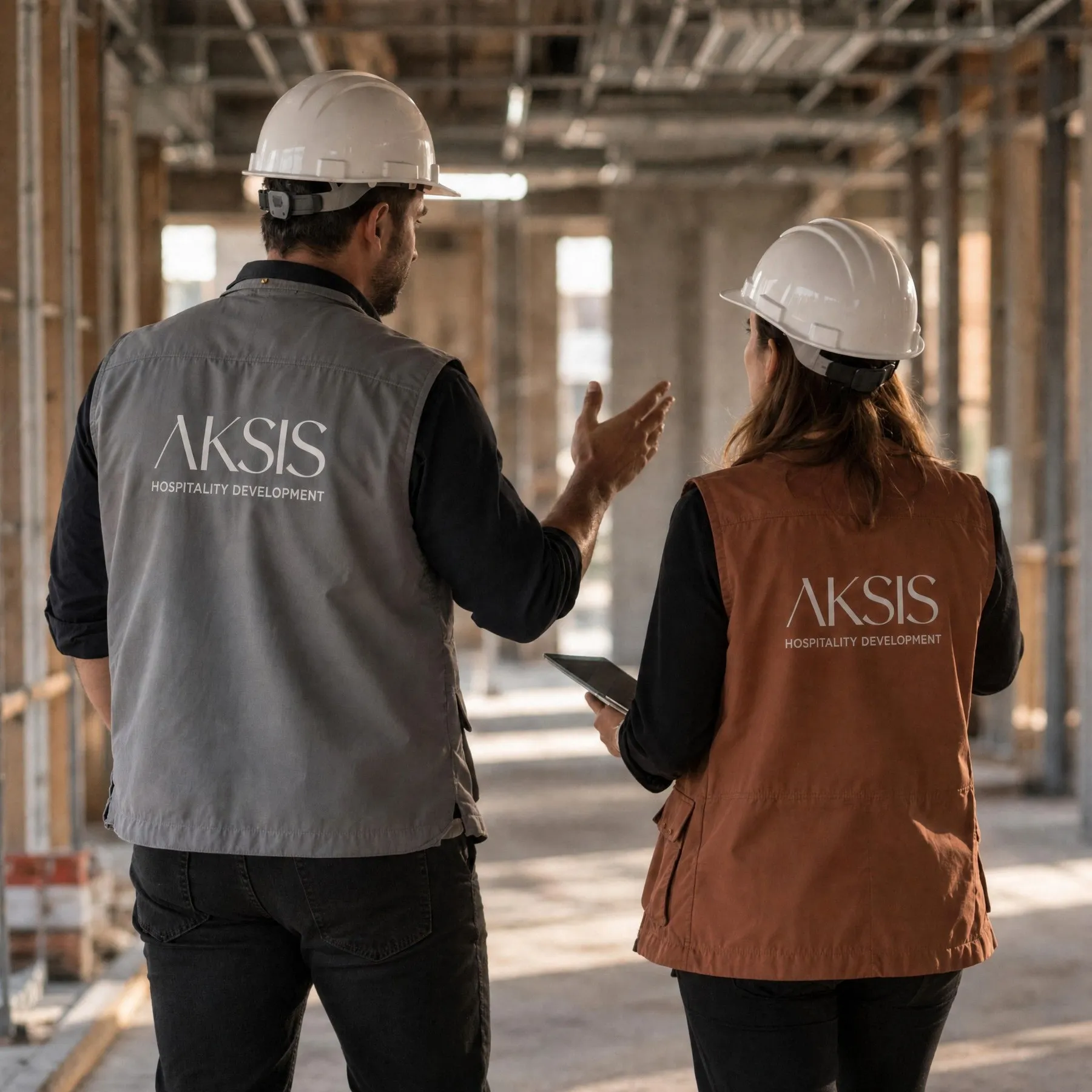 Deux membres de l’équipe Aksis traversent le gros œuvre d’un chantier