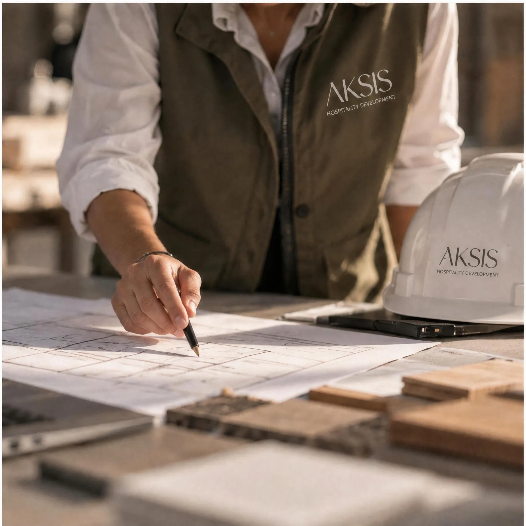 Un membre de l’équipe Aksis annote des plans, casque de chantier posé à côté